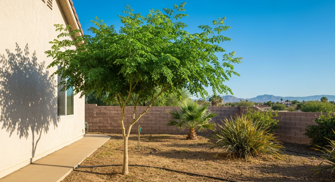 Healthy moringa tree in a sunny Southern California backyard with drip irrigation and low desert landscape in the background.