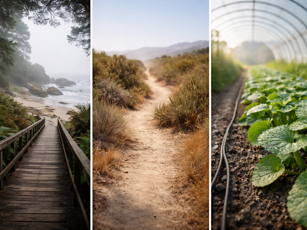 Three minimal California scenes: misty coastal shade, hot dry inland ground, and cool greenhouse with leafy greens.