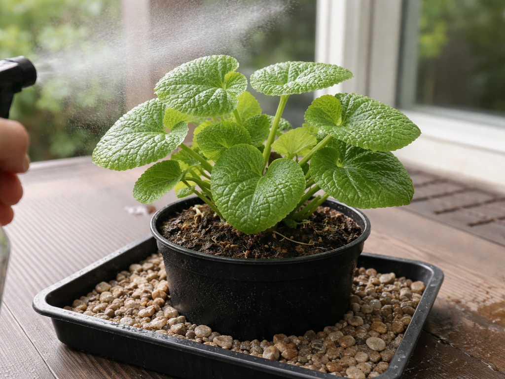Close-up wasabi in a pot on a damp gravel tray with light mist for humidity, no standing water.