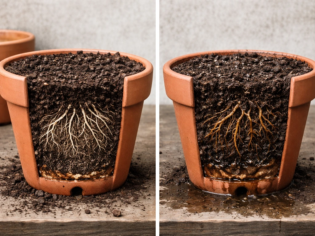 Side-by-side container soil setups: well-draining mix with healthy white roots vs waterlogged mix with rotting roots.