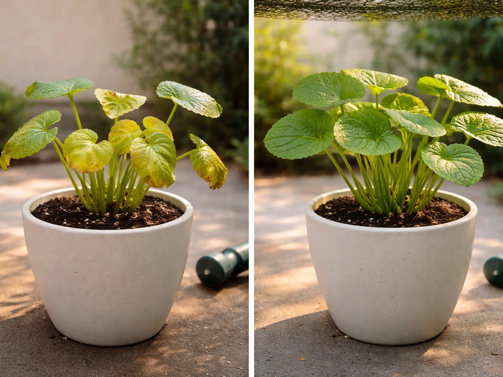 Heat-stressed and recovered wasabi plants in separate pots under cooler shade, side-by-side.