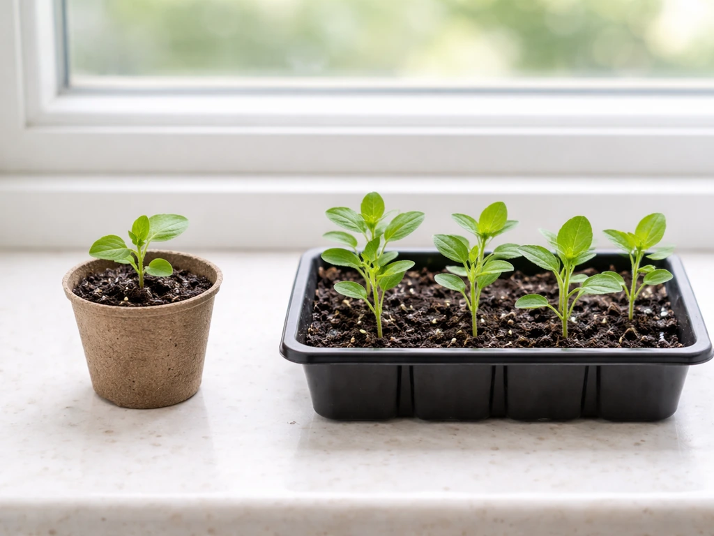 Oregano seedlings in tiny pots beside oregano cuttings rooting in a tray, natural light.
