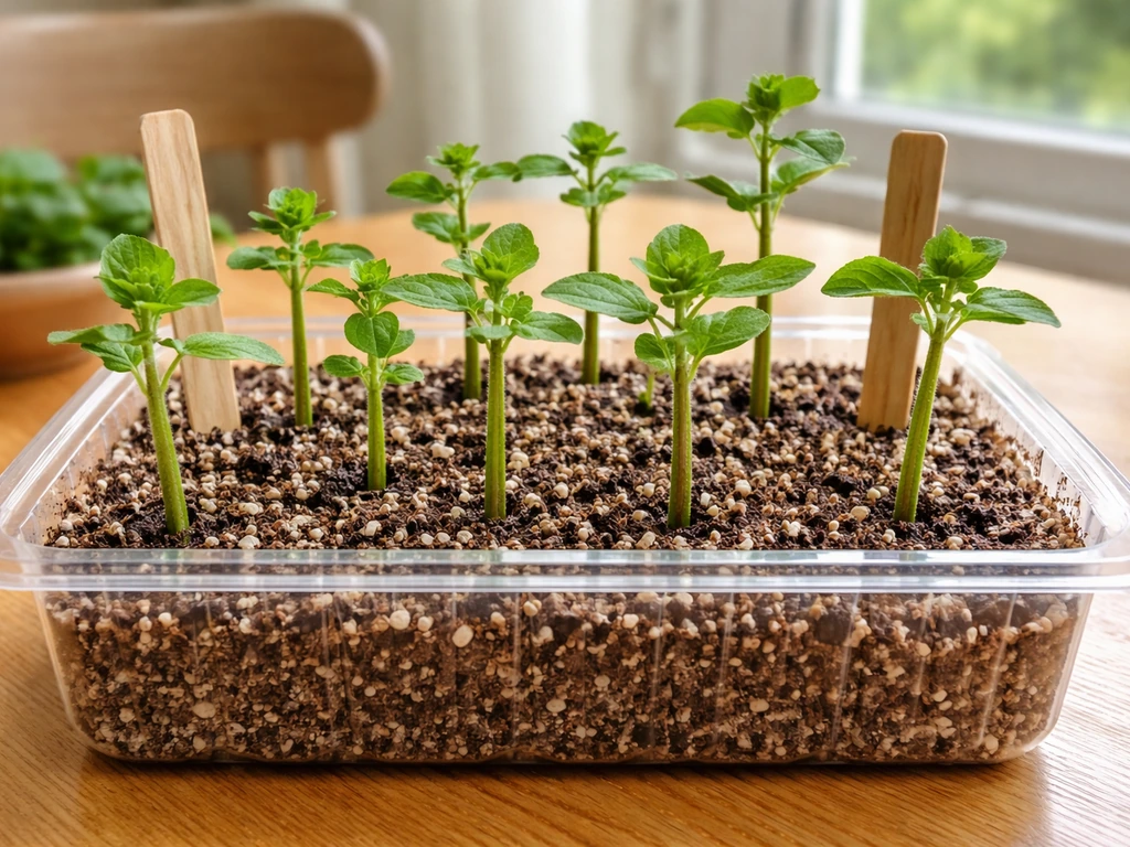 Trimmed oregano stem cuttings placed in a small propagation tray with well-draining seed mix