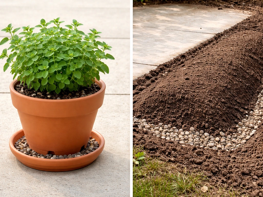 Terracotta oregano in a pot with drainage next to an in-ground raised bed with improved drainage