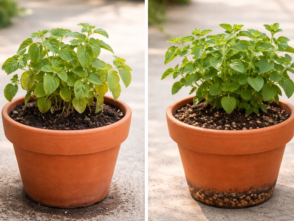 Split view of a potted oregano plant—left wilting from soggy soil, right healthy after better drainage and drier mix