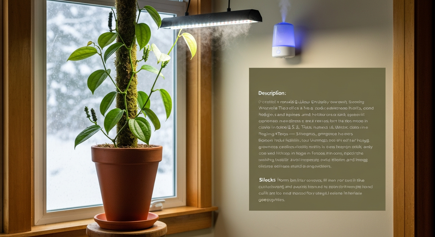 Black pepper vine in a pot indoors under a grow light with a humidifier and a snowy window outside.