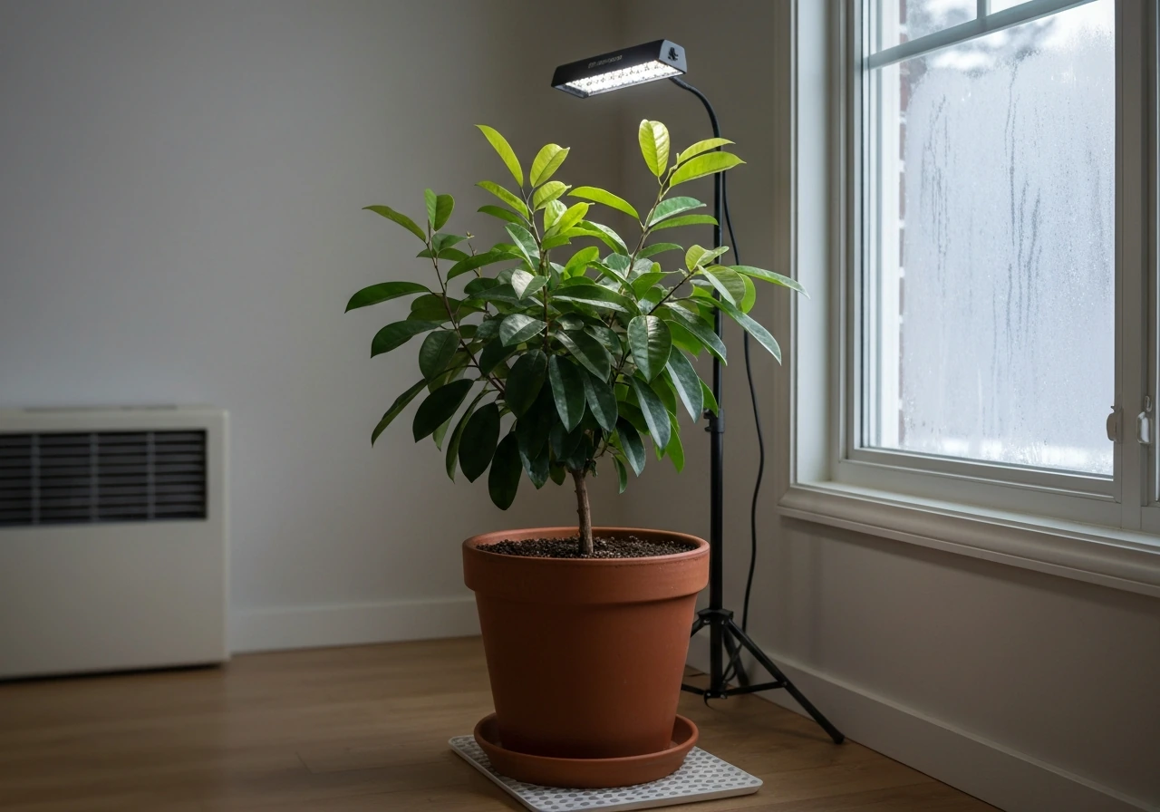 Tropical soursop plant in a large indoor pot under a bright grow light near a winter window.