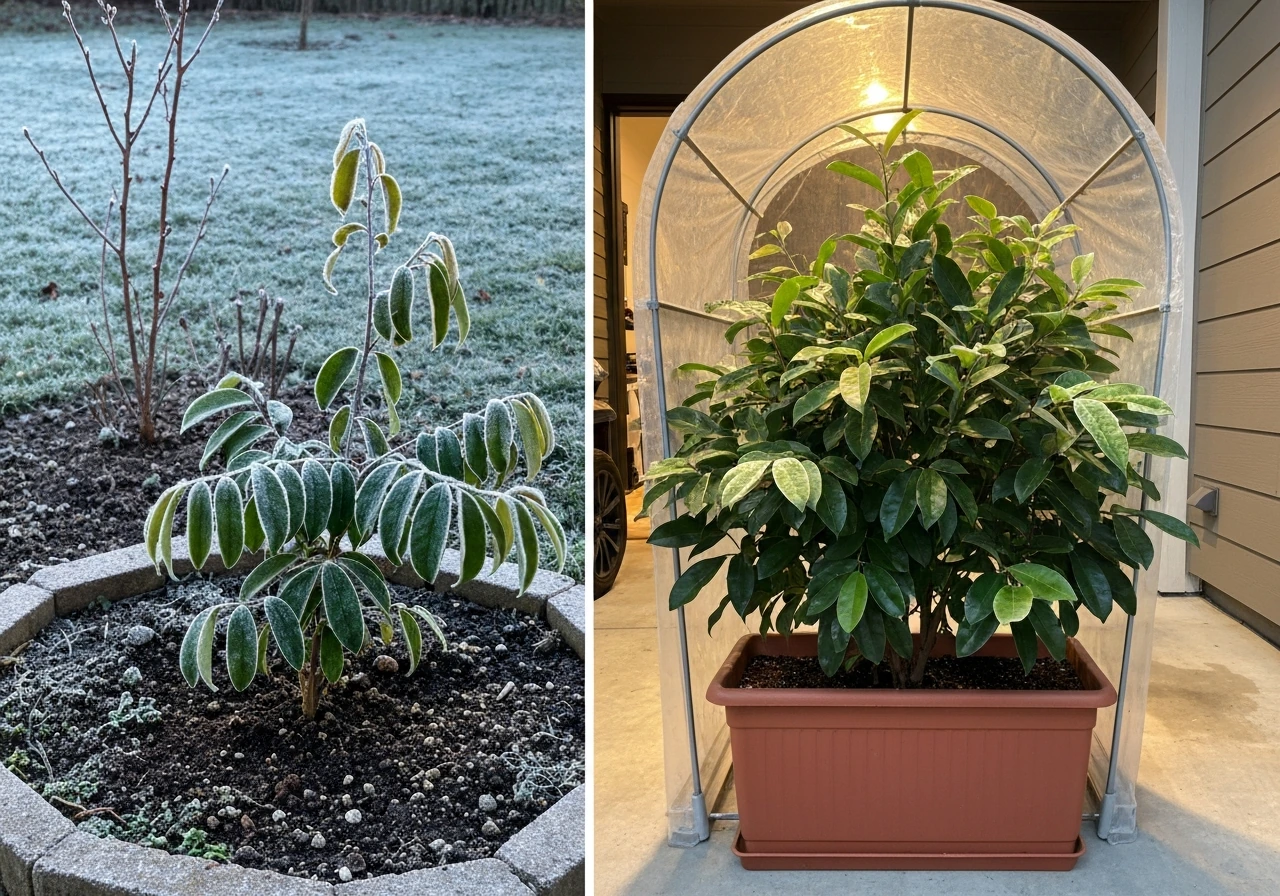 Split-scene comparison: frost-damaged soursop leaves outdoors vs. a protected container soursop indoors near a window.