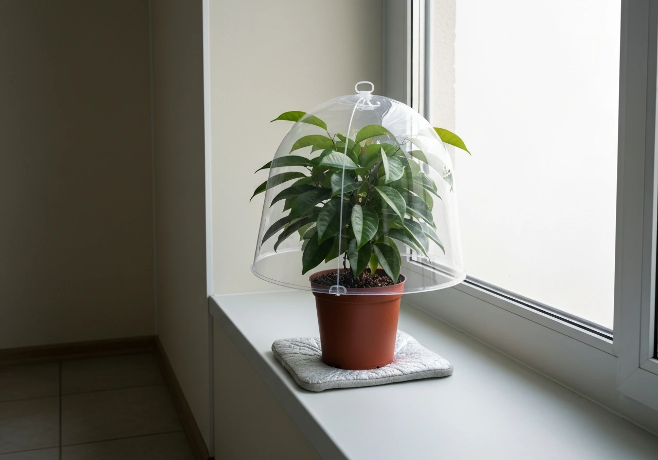 Potted soursop indoors under bright window light with a clear humidity dome and insulating mat.