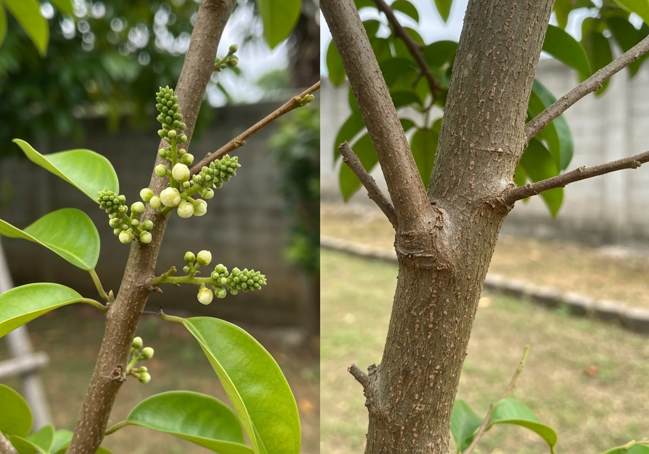 Mature soursop branch with small flowers and young green fruit beside older woody growth, natural outdoor setting.