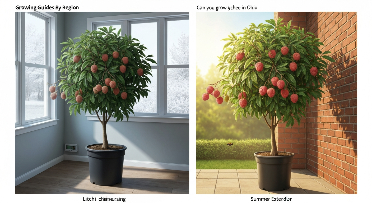 Split-scene illustration: potted lychee overwintering indoors (left) and thriving outside in summer with fruit (right).