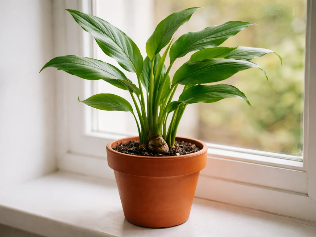 Lush indoor ginger plant in a terracotta pot with visible rhizome growth near the soil line.