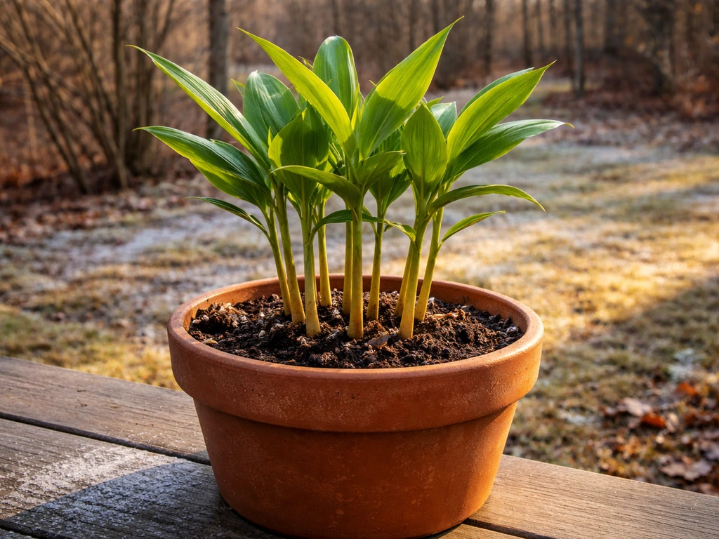 Ginger plant in a pot outdoors with subtle seasonal cold/warm suggestion in the background, minimal scene