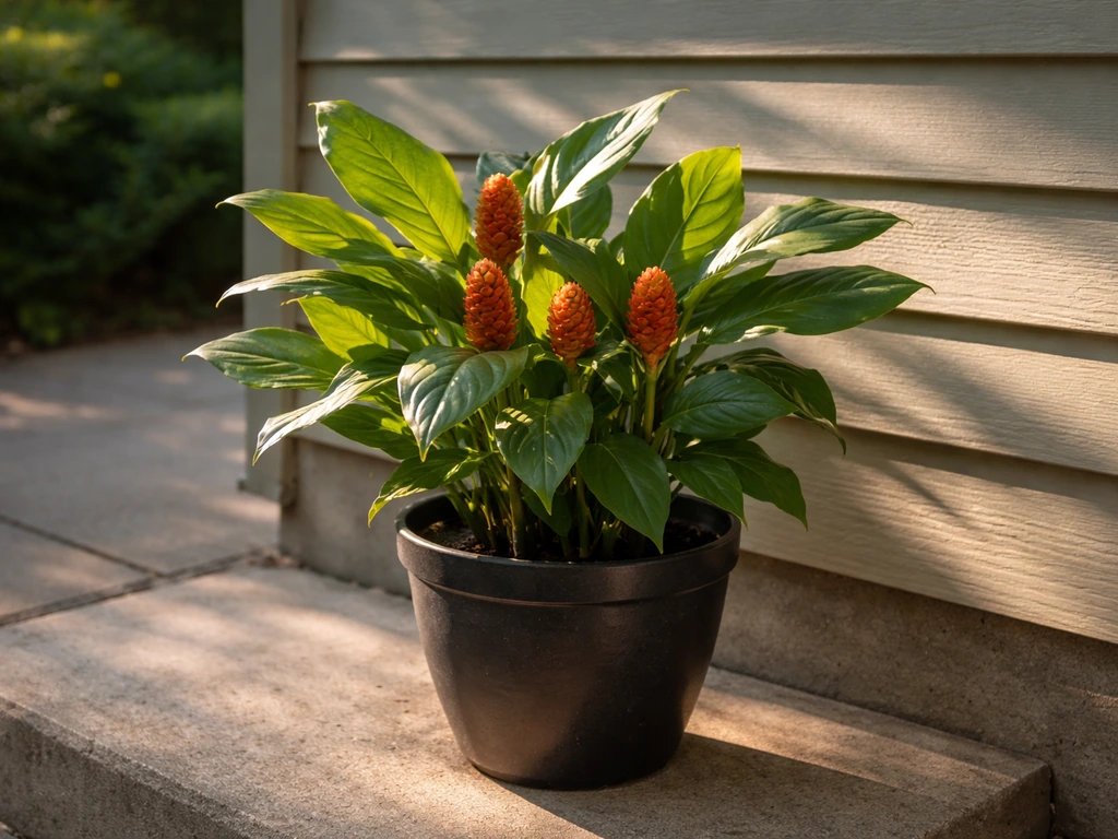 Container plant of shampoo ginger on a patio receiving morning sun and afternoon shade near a Michigan home.