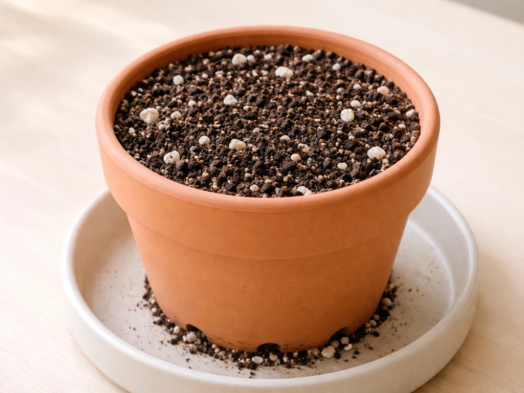 Close-up of potting mix with perlite in a drainage-hole pot, showing proper drainage setup.