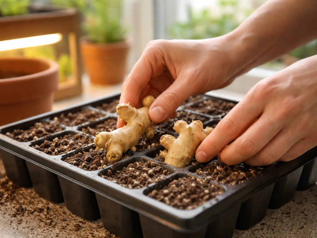 Hands place ginger rhizomes into a seed-starting tray indoors near a bright window.