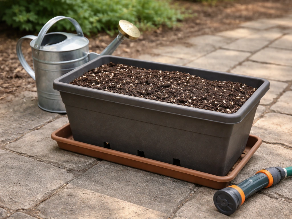 Large outdoor container with drainage and watering setup ready for shampoo ginger planting