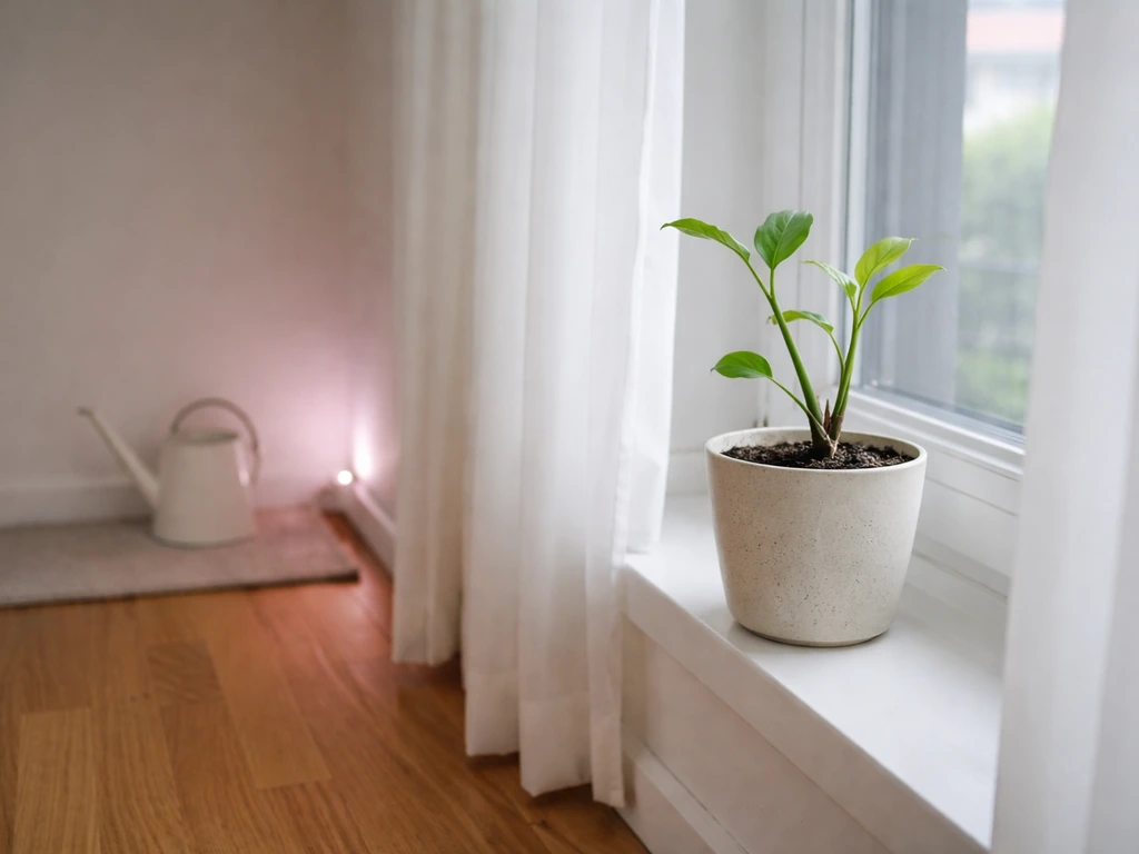 Single potted plant indoors under grow light/bright window, sparse winter growth and reduced watering setup.