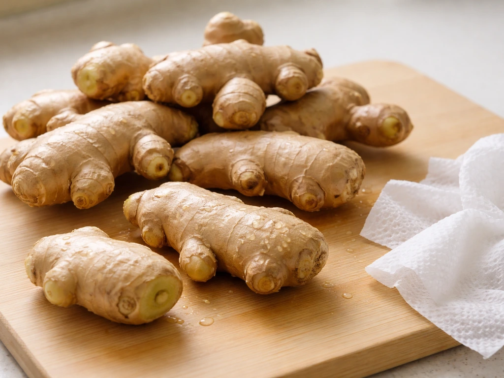 Plump grocery-store ginger rhizomes with visible growth nodes on a cutting board, lightly rinsed for planting.