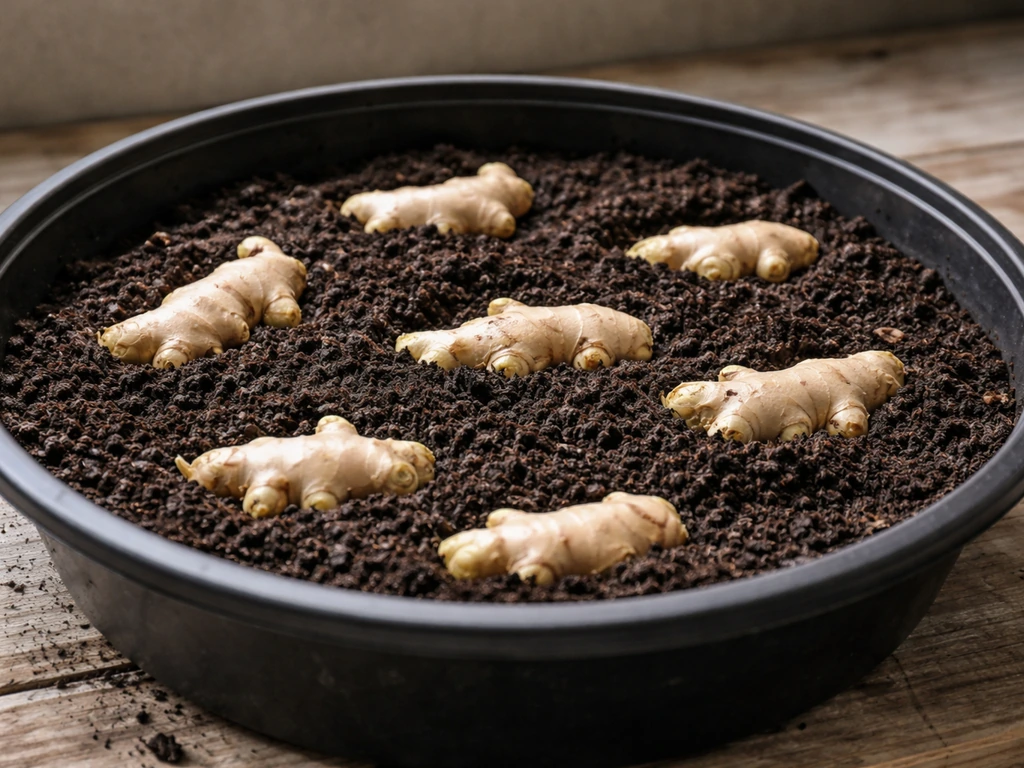 Wide shallow container with potting mix and partially covered ginger rhizome pieces at planting depth.