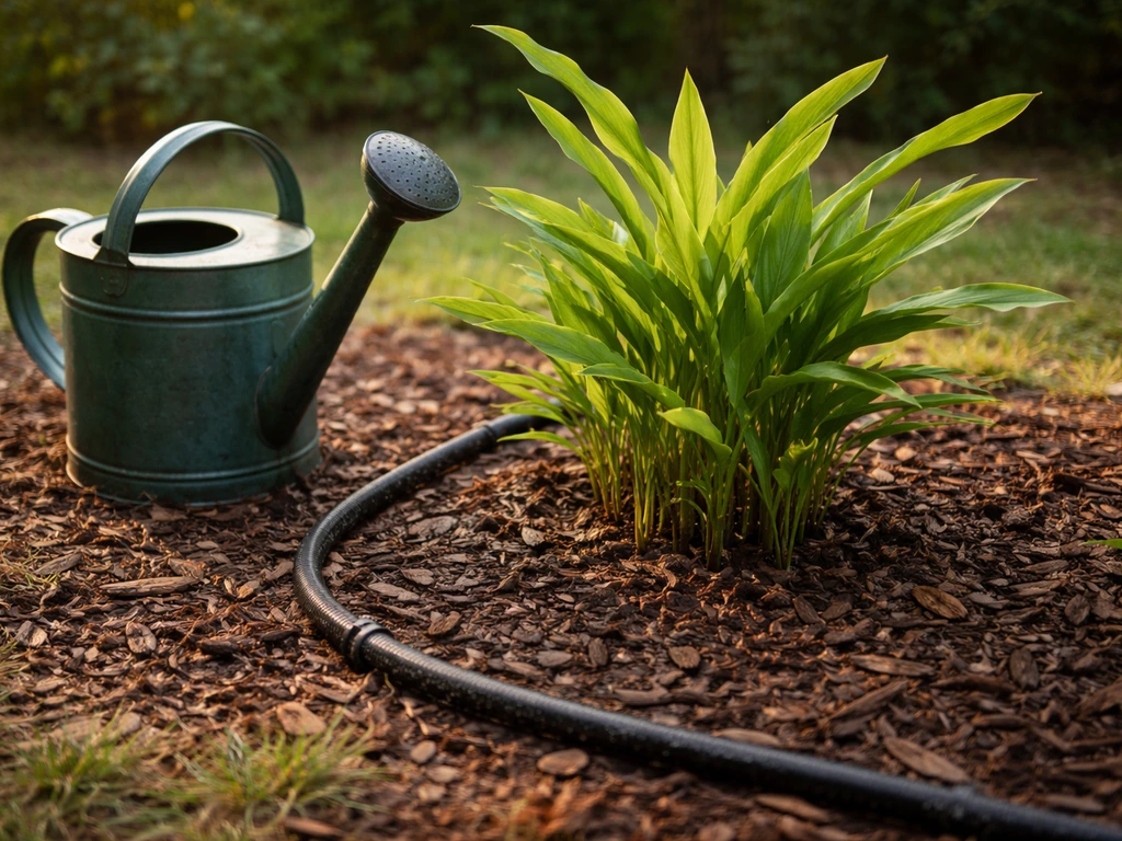 Mulched ginger plant watered with a drip line and watering can, moist soil without waterlogging.