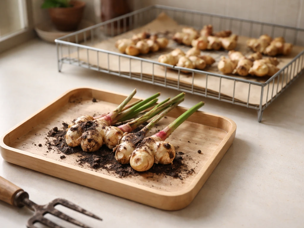 Fresh ginger rhizomes on a simple tray beside a well-ventilated curing area in natural light.