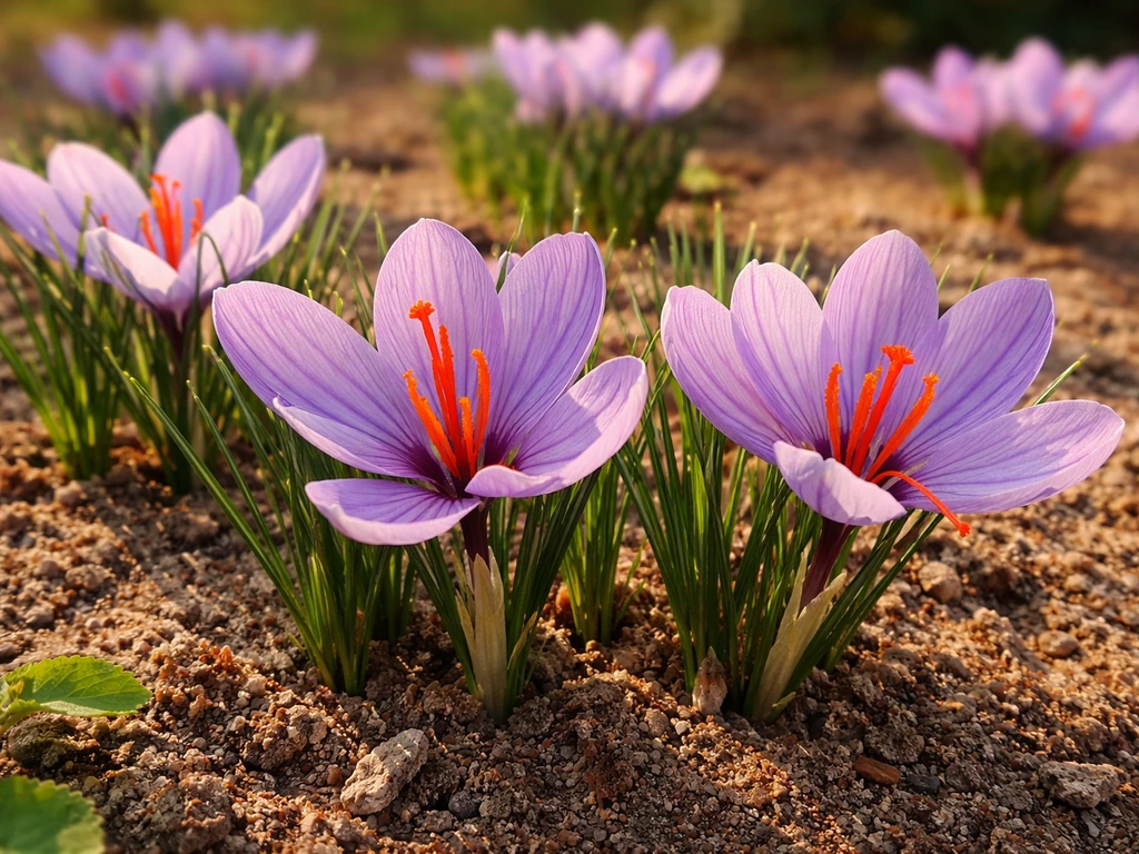Close-up of saffron crocus flowers with vivid red stigmas in a southern garden bed soil