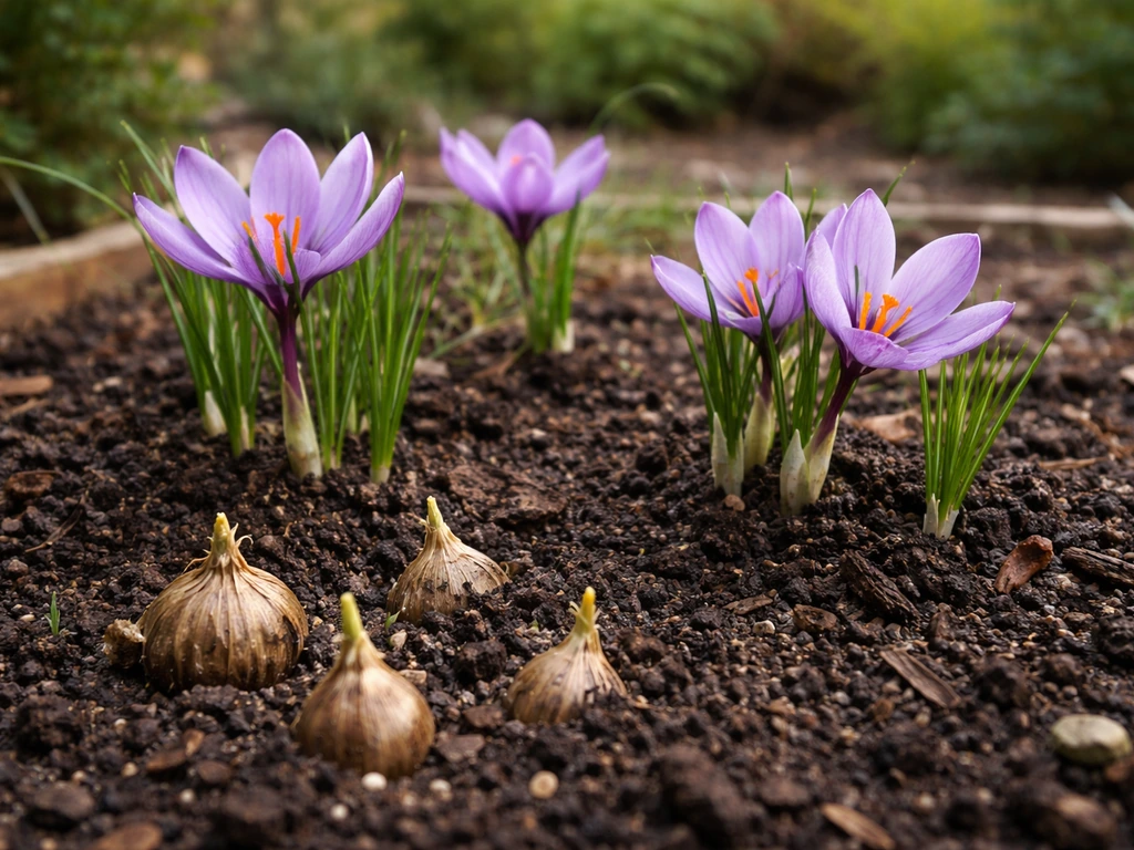 Crocus sativus corms and a few saffron crocus blooms in a small fall home garden bed.