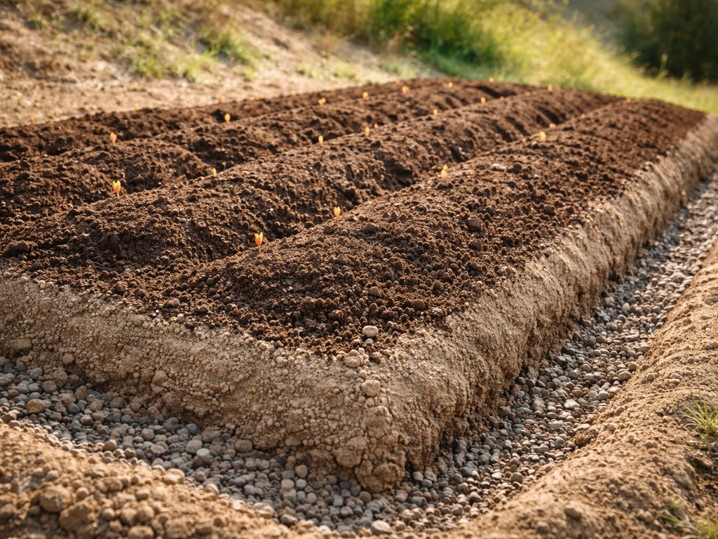 Close-up of a raised garden bed on a south-facing slope with sandy loam soil and clear drainage profile