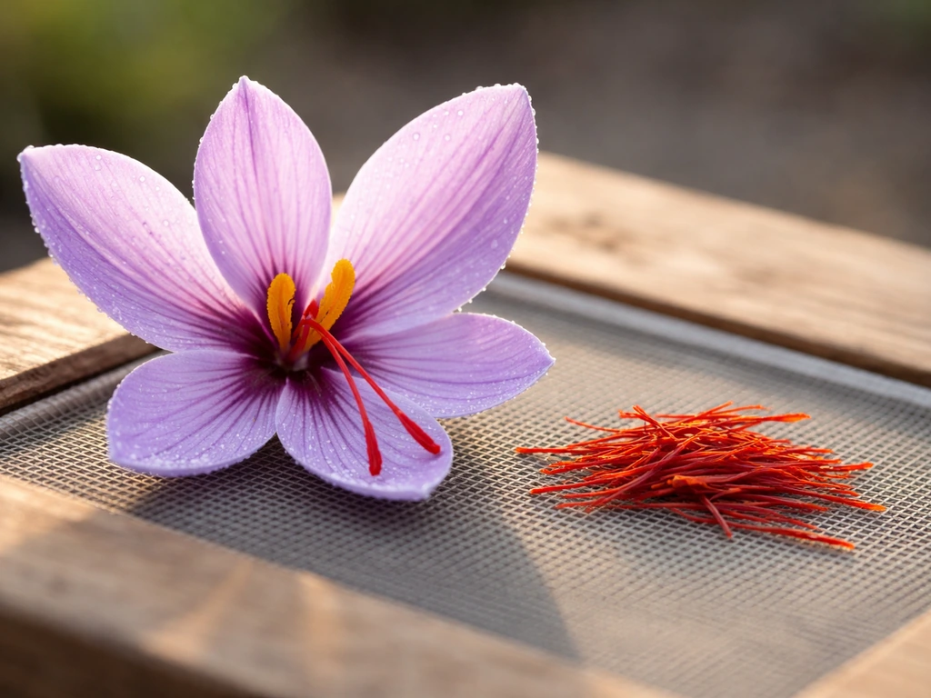 Fresh saffron blossoms with red stigmas, morning harvest laid on a fine mesh for drying