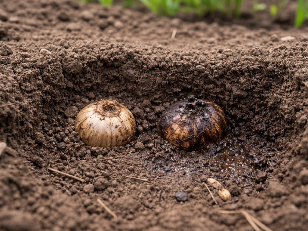 Shallow raised bed cross-section showing one intact corm and one dark, rotting corm in damp summer soil.
