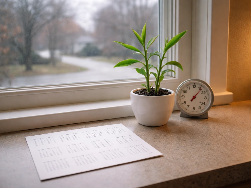 Potted ginger on a bright windowsill with a thermometer reading warm indoor temperature against cool outside.