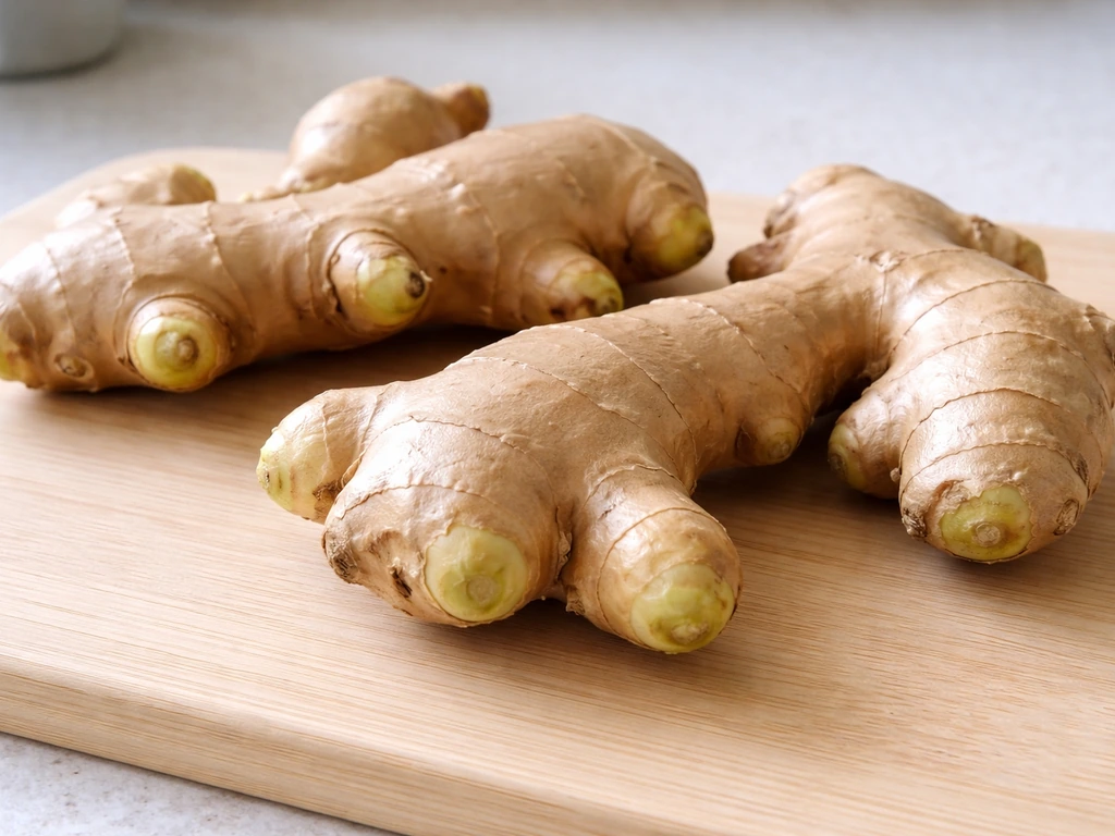 Fresh ginger rhizomes on a cutting board with visible knobby growth buds.
