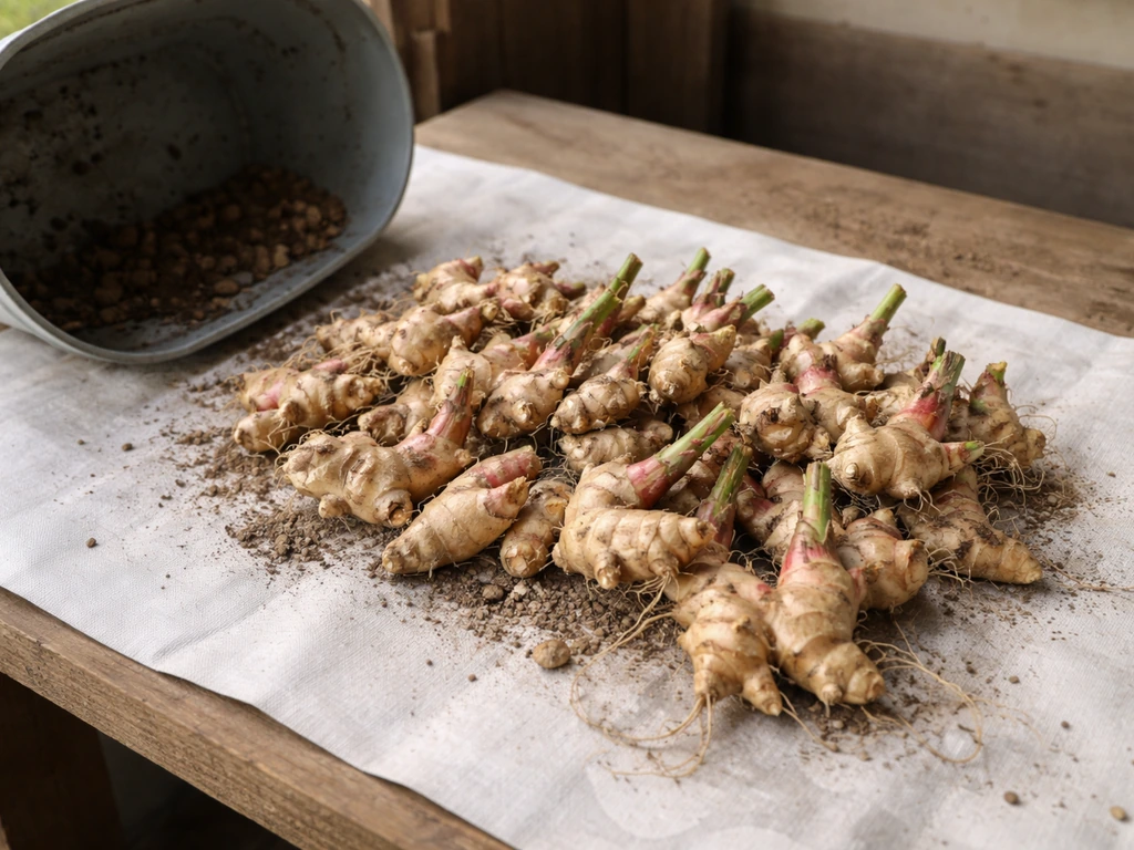 Harvested ginger rhizomes separated on a tarp after gently dumping a container, ready to cure.