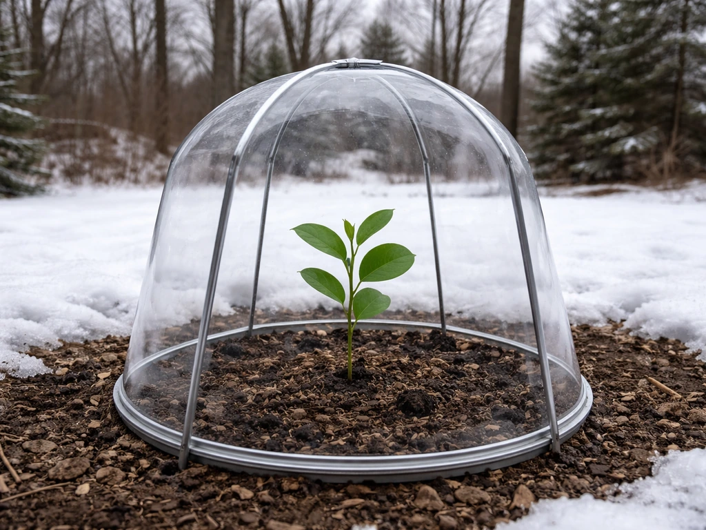 Tropical sandalwood sapling under a clear cover with snowy Canadian winter backdrop behind it.