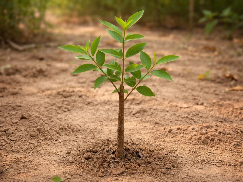 Close-up of a sandalwood (Santalum album) sapling in sandy soil with blurred outdoor greenery.