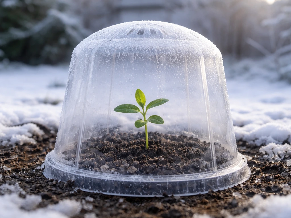 Young seedling in a small frost-sheltered mini greenhouse with snow outside in winter cold.