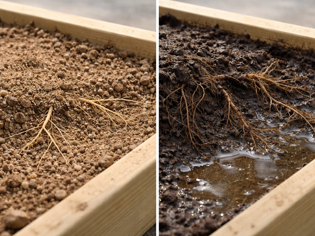 Side-by-side close-up of sandy well-draining soil with healthy roots versus waterlogged muddy soil with stressed roots