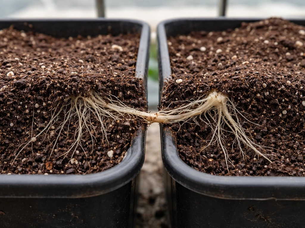 Close-up of exposed plant roots in soil containers with roots touching, suggesting haustoria dependence.