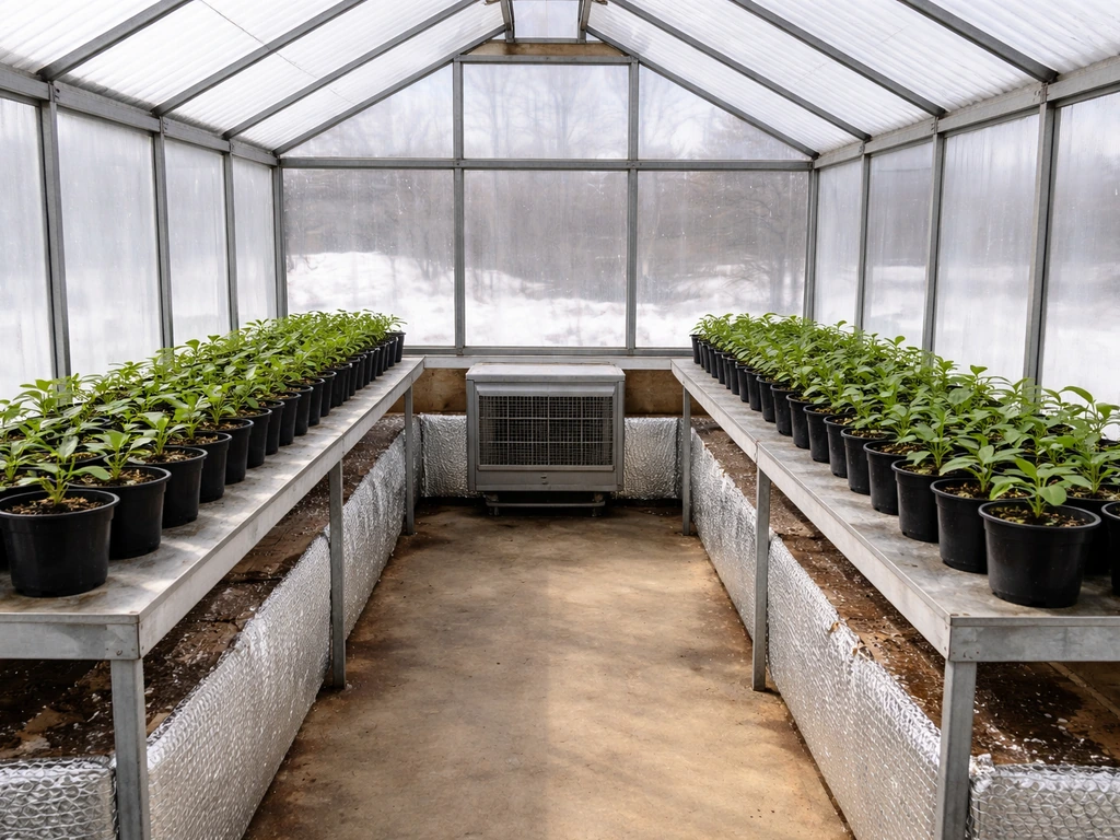 Inside a small heated greenhouse in Canada with clear glazing, benches, seedlings, and a heater.
