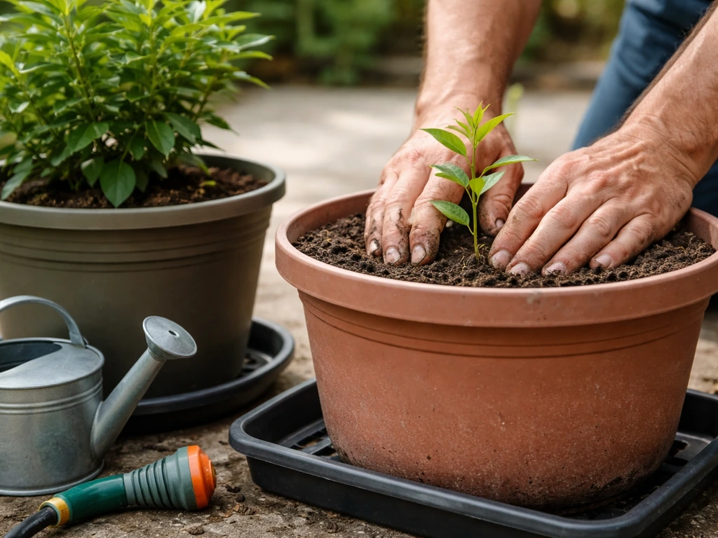 Gardener planting a sandalwood seedling in a container with a nearby host plant and watering setup