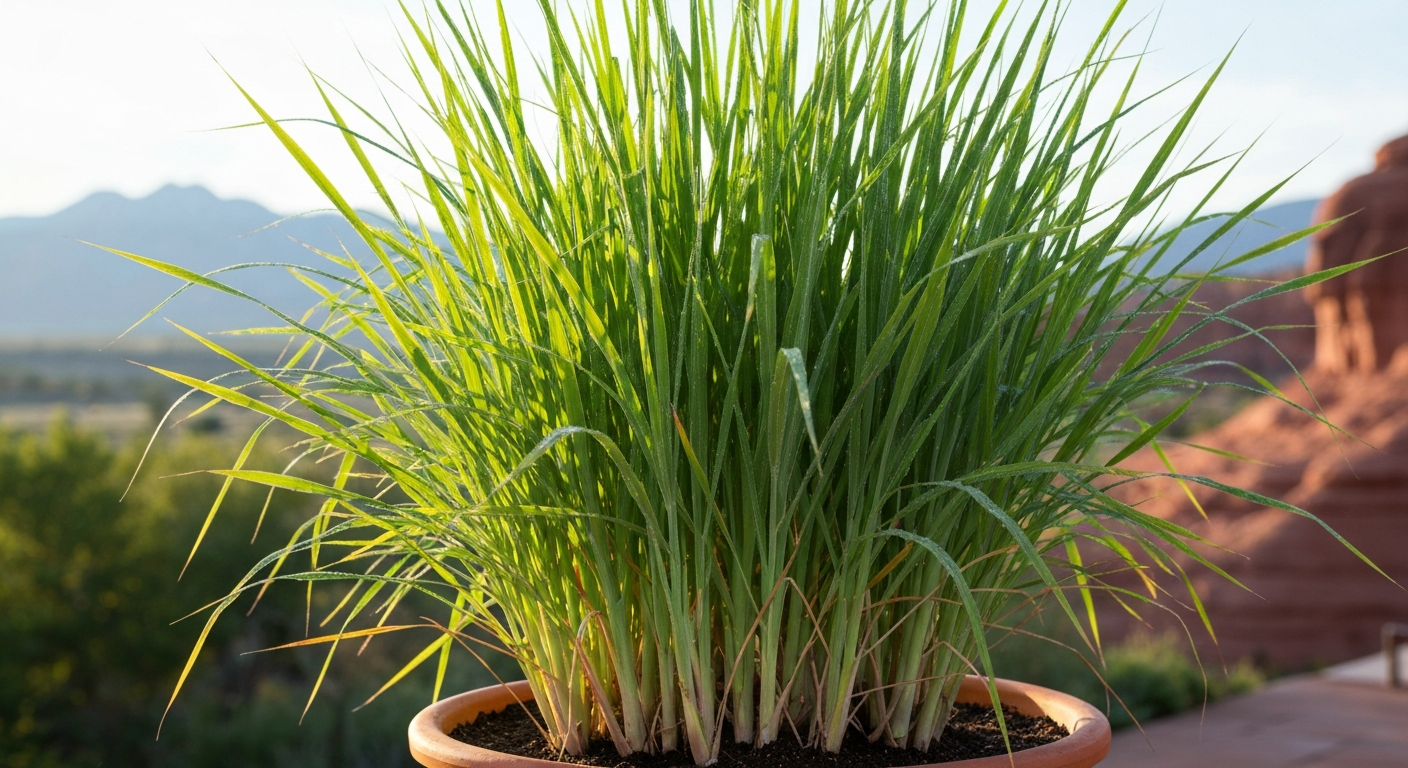 Healthy potted lemongrass clump on a sunny patio with a subtle Utah landscape in the background