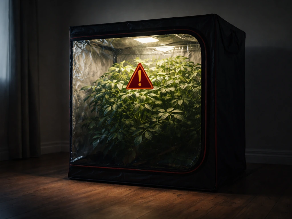 Closed grow tent with a dense leafy nightshade-like plant and red warning symbol, no people present.