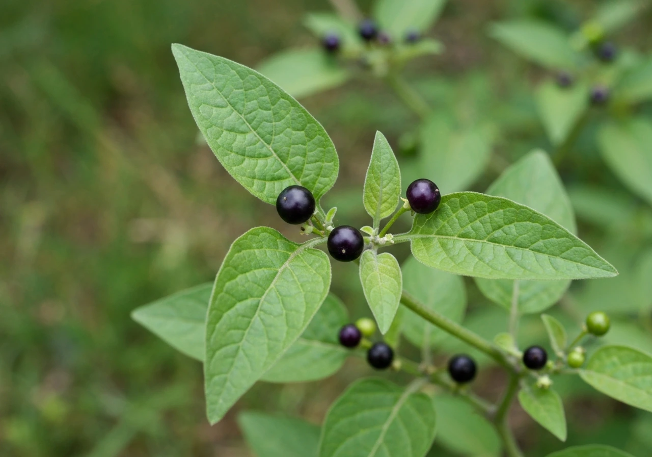 Close-up of deadly nightshade leaves and small dark purple-black berries on a natural stem.