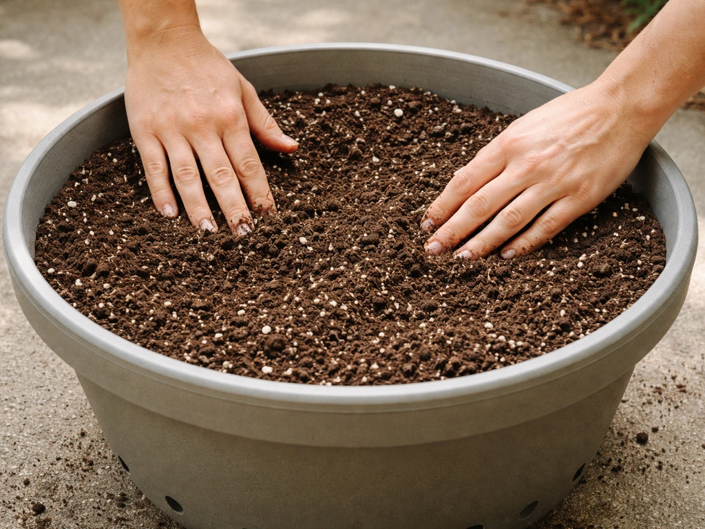 Hands filling a deep planter with well-draining potting mix near visible drainage holes.