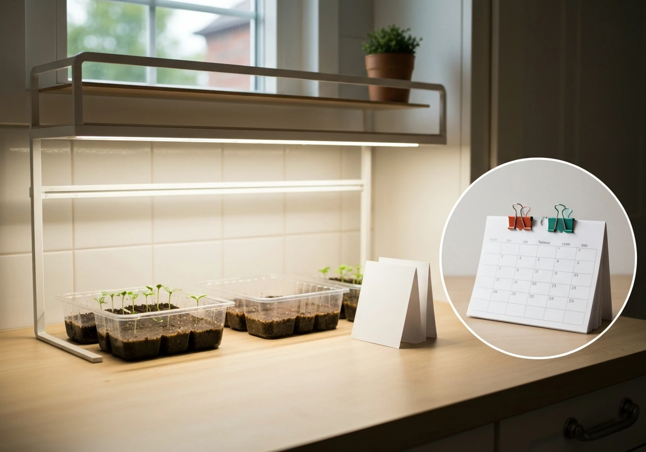 Indoor seed-starting trays under grow lights with blank timing cards and small colored clips.