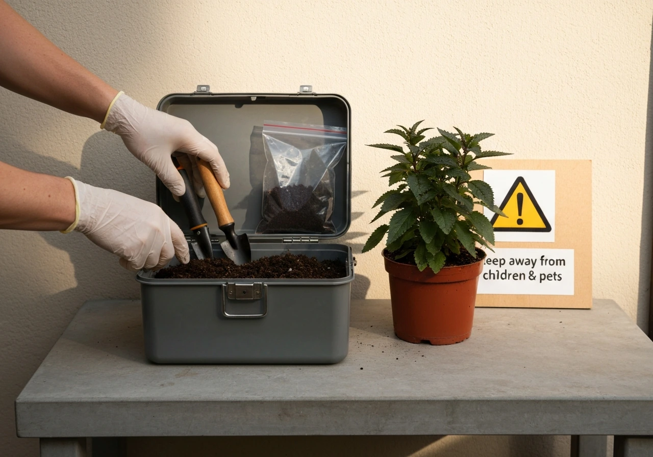 Gloved hands securing a sealed lockbox of soil and tools beside a toxic plant, with a keep-away sign in frame.