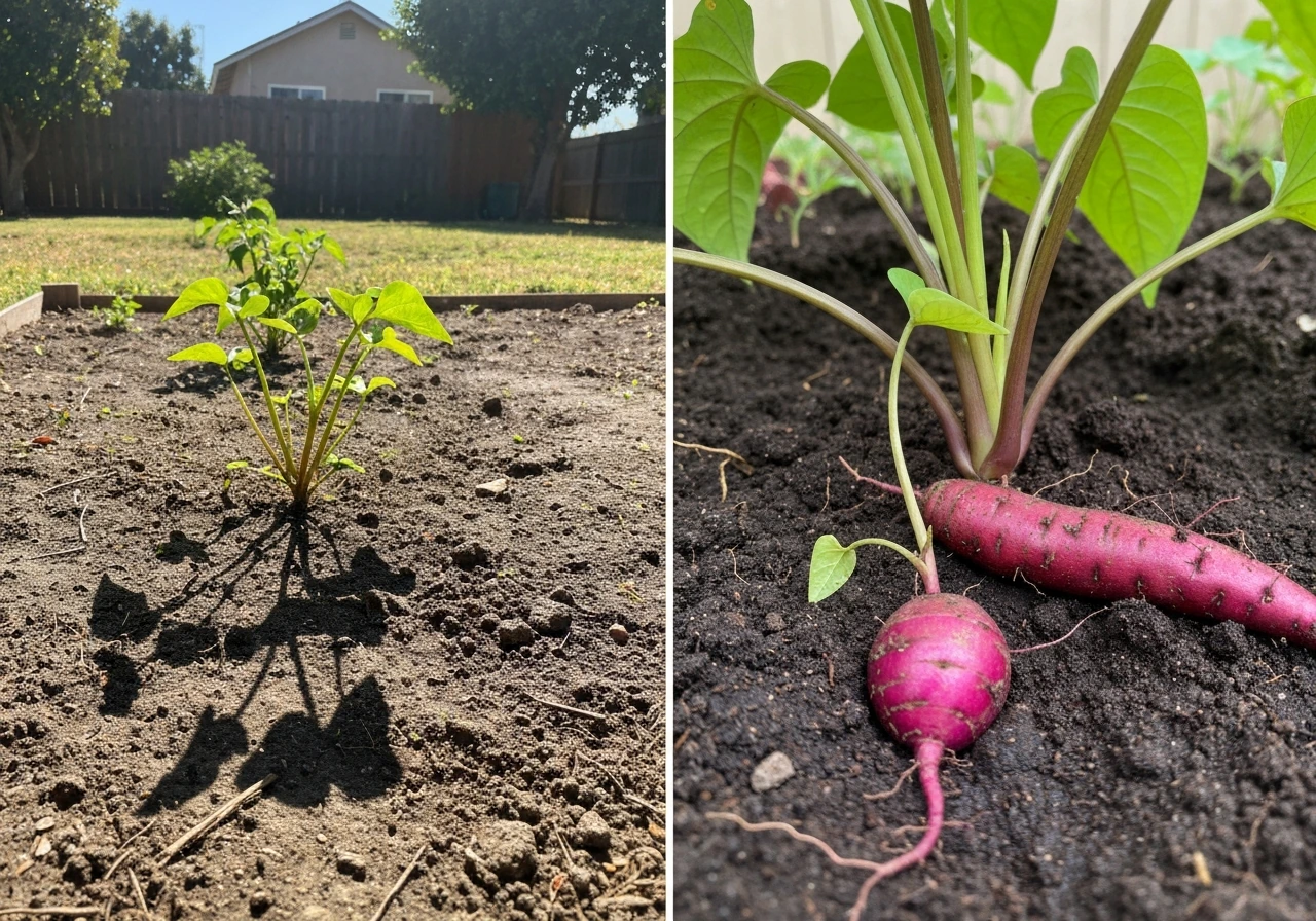 Split backyard scene: harsh California sun on one side and thriving purple ube tuber on the other.