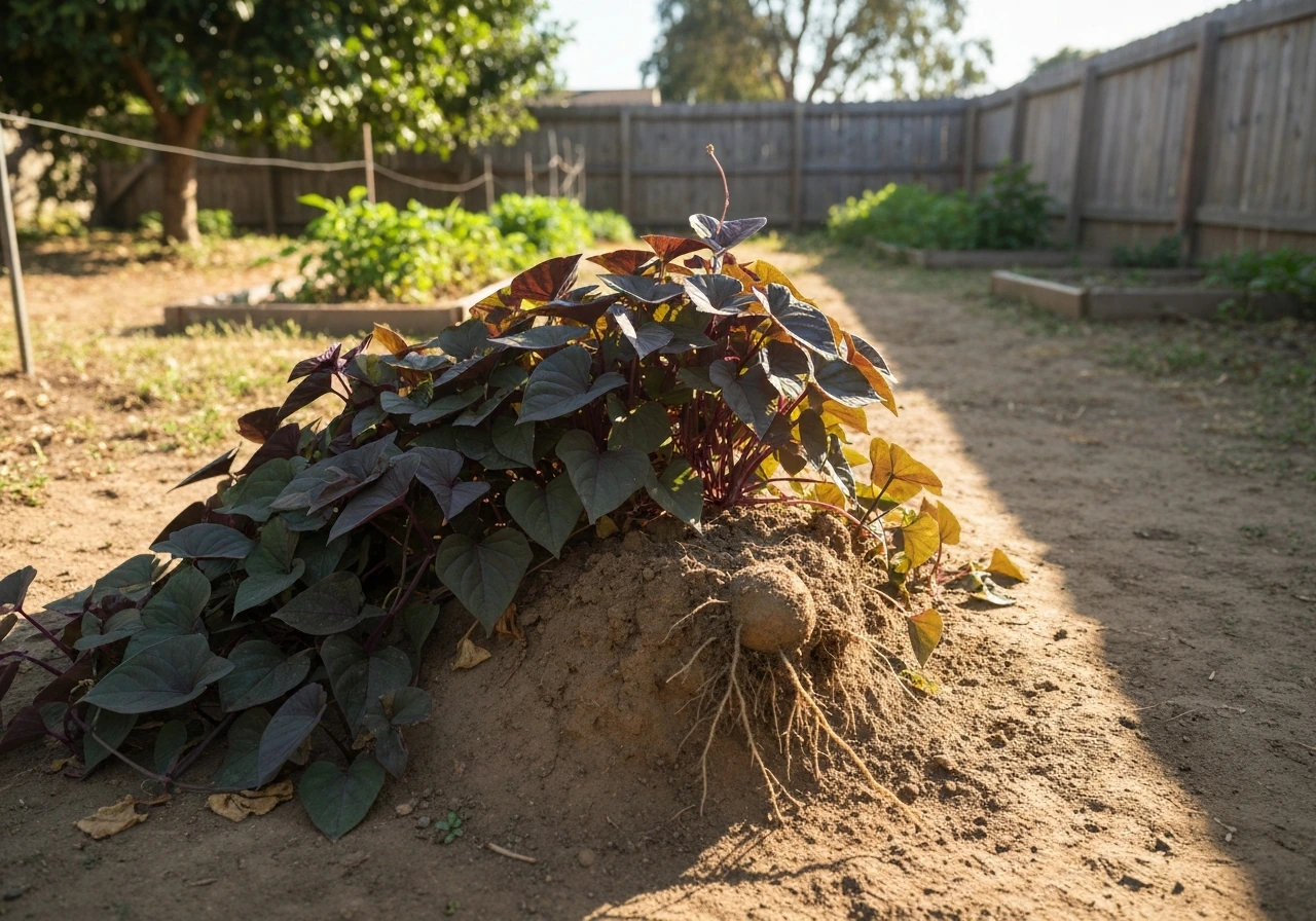 Harvest-ready ube plant with purple vines over a soil mound in a sunlit California backyard.