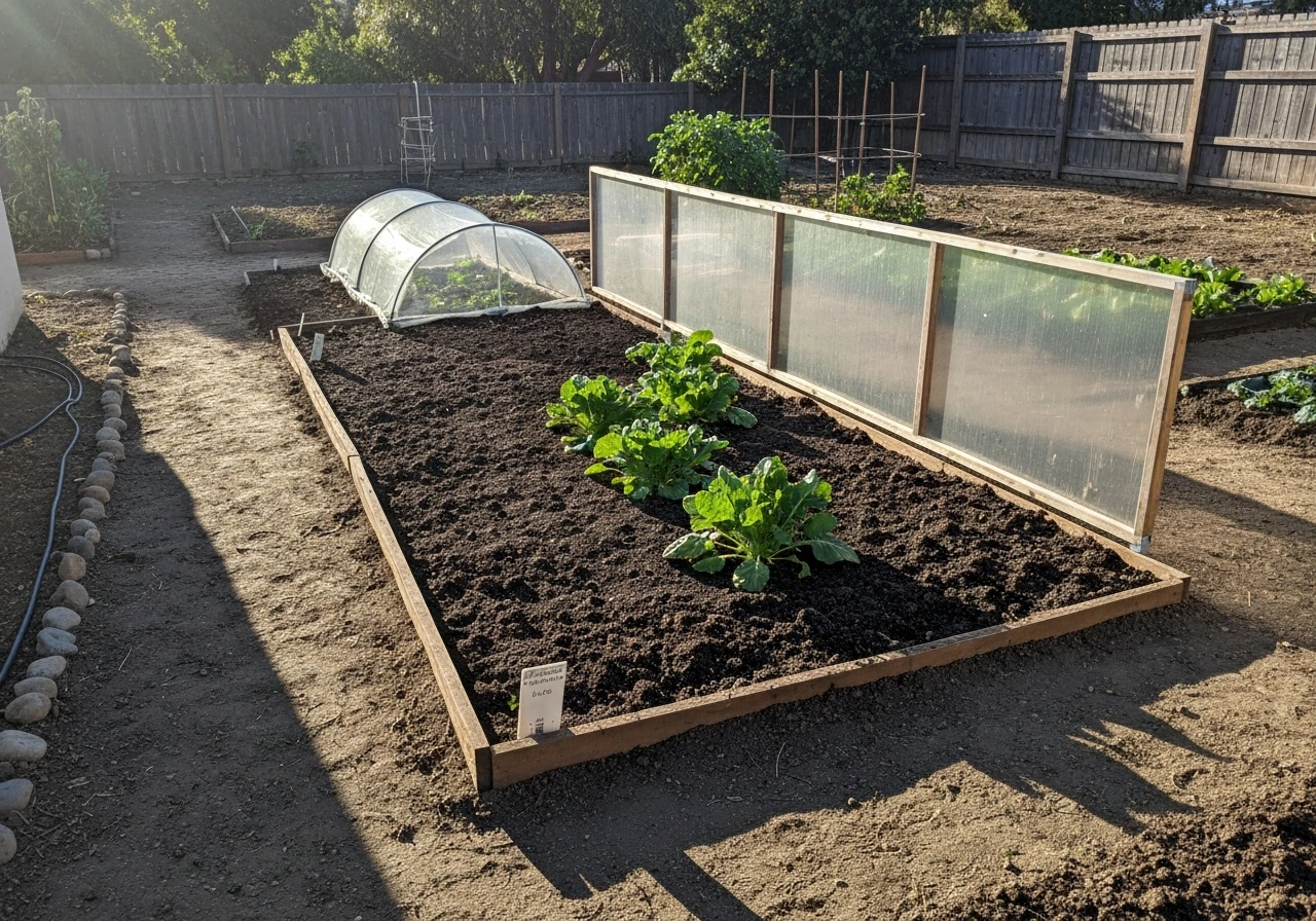 Raised garden bed in sunny California yard with frost cloth and wind block for protecting ube plants